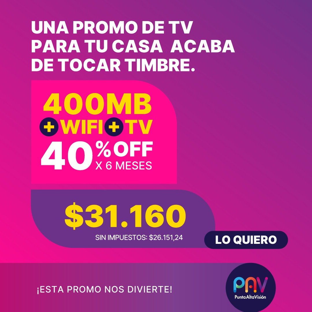 Promo 400 Mb más WiFi y TV con 40 por ciento off por 6 meses